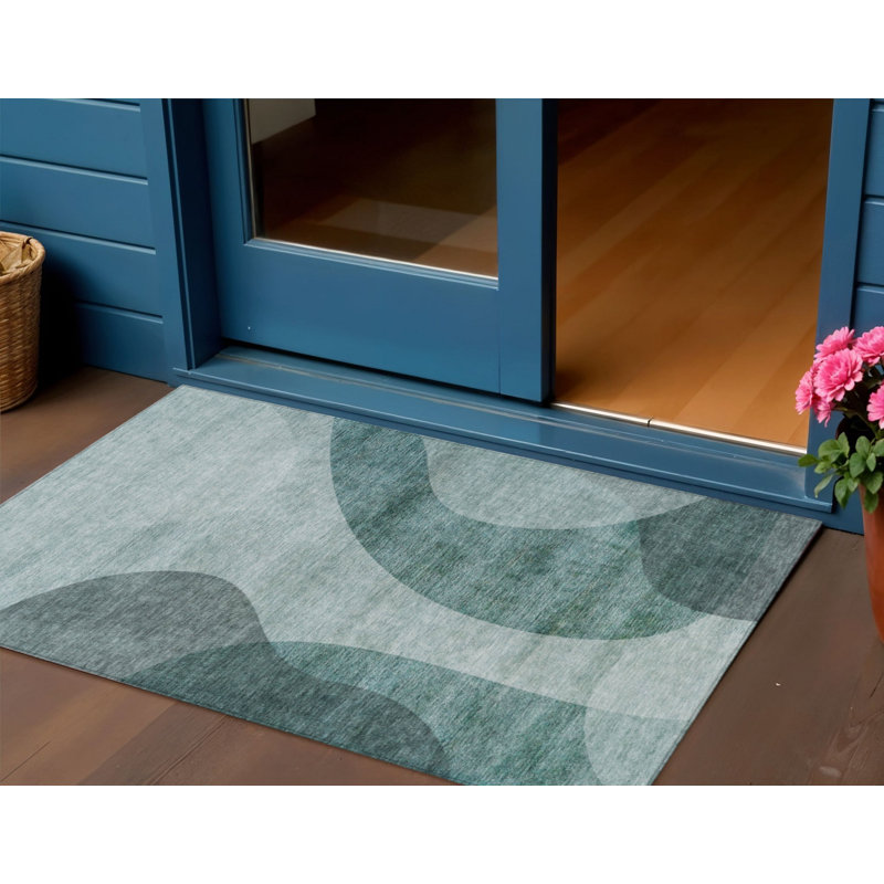 3' X 5' Green And Sage Abstract Washable Indoor Outdoor Area Rug