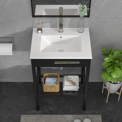 Lavabo de salle de bain autoportant en céramique à console rectangulaire avec un trou de robinet, une planche à laver et un support en acier inoxydable