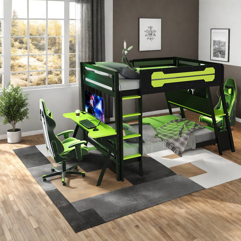 Lit superposé double en bois moderne avec bureaux de jeu, vert