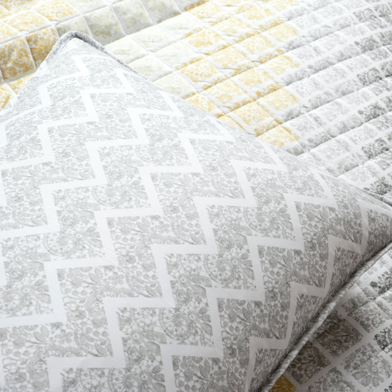 Ensemble de courtepointe réversible en microfibre jaune / gris 3 pièces Medallion, Très grand, Jaune/gris
