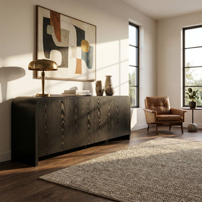 Rectangular TV Stand (Up To 70"), Round-Cornered Design, Large-Capacity Storage With Adjustable Shelves, Cable Management, Wood-Grain Media Unit, Modern Mid-Century Style, Black Colour