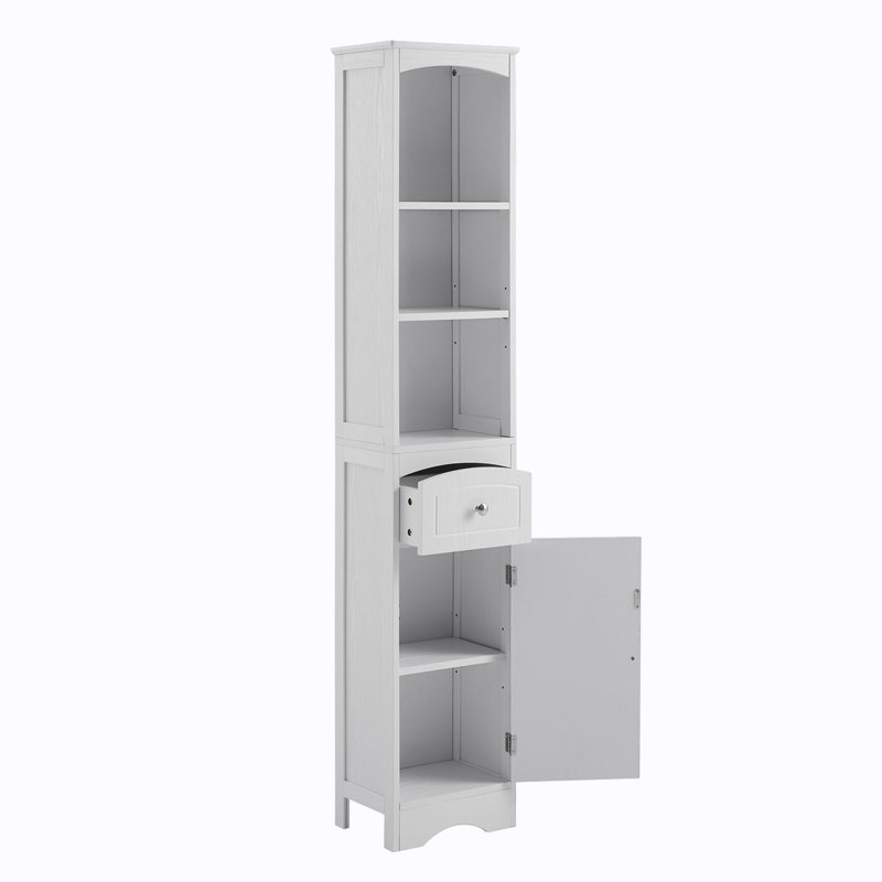 Armoire de salle de bain haute, armoire de rangement autoportante avec tiroir, panneau de fibres à densité moyenne, tablette réglable