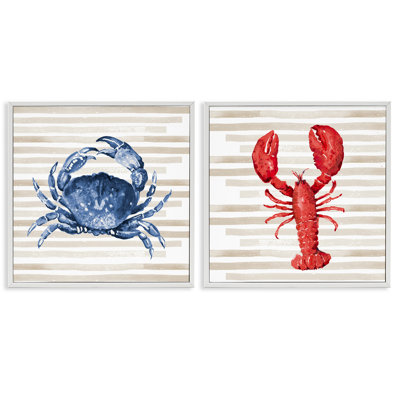 «Nautical Blue Crab and Red Lobster Beige Stripes» par Patricia Pinto - ensemble de 2 impressions