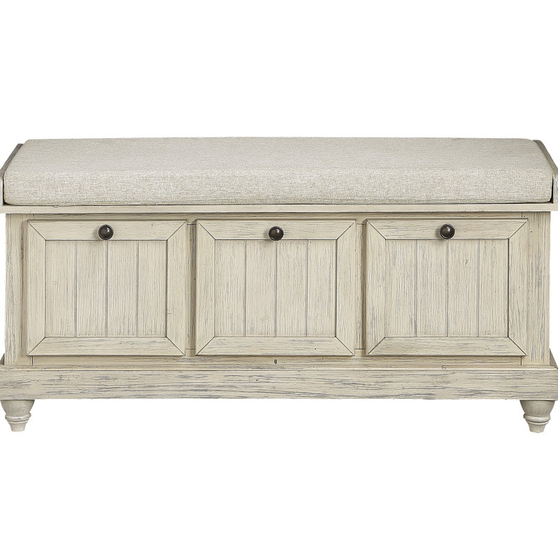 Banc en bois massif blanc avec assise rembourrée en mousse et structure de revêtement beige patinée
