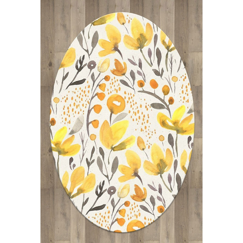 Tapis ovale en polyester tissé à la machine à motif floral jaune / blanc / gris Edoardo, Ovale 2 pi 7 po x 4 pi 11 po