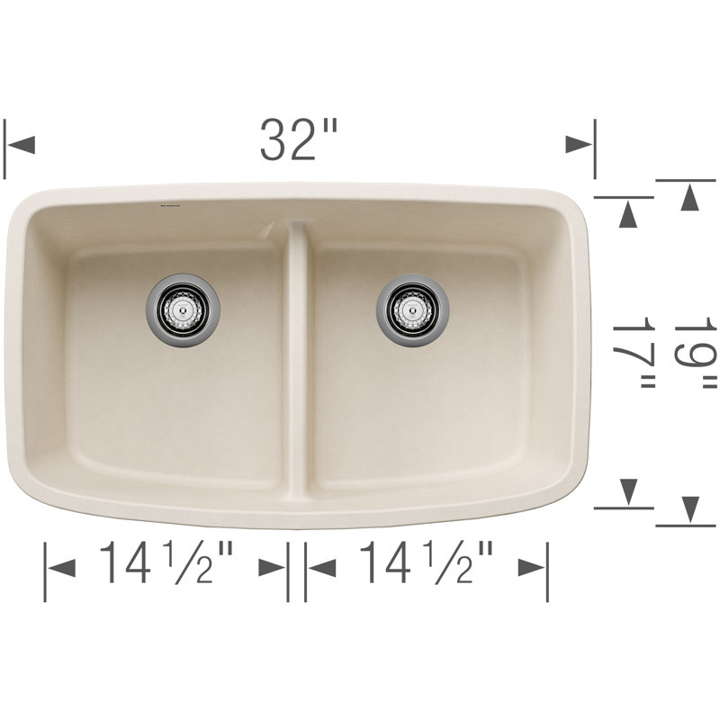 Valea SILGRANIT 32" 50/50 Double Bowl Undermount Kitchen Sink with Low Divide, Soft White