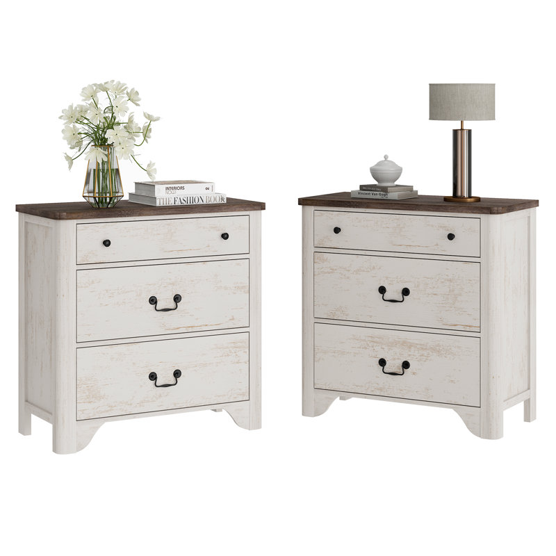 Ensemble de 2 tables de bout avec 3 tiroirs Haikey, Blanc, Blanc