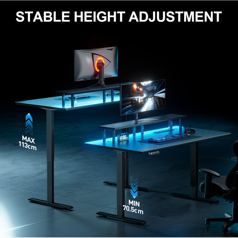 LED Electric Standing Sitting Desk, Gaming Desk with Built-In Socket & USB Port, Computer Table with Monitor Stand, 3 Memory Functions, Gaming Table Black