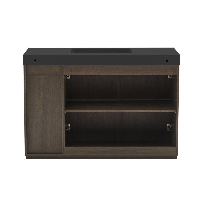Meuble-lavabo en chêne fumé de 122 cm (48 po) avec lavabo monobloc, style rétro, bois multicouche de qualité E1, résistant à l'usure, rangement à double porte, étagères réglables, meuble-lavabo autoportant, charme, contreplaqué, surface, étagères.