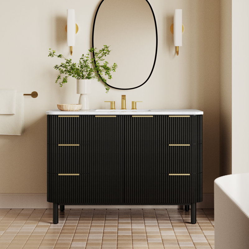 Nova 48" Marble Top Single Sink Vanity, Black Reeded Birch