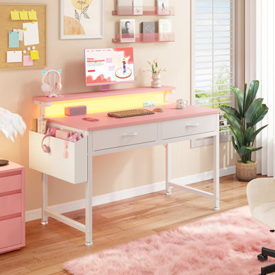 Petit bureau d'ordinateur avec 2 tiroirs et lumières DEL, bureaux à domicile avec poche latérale et support pour écran