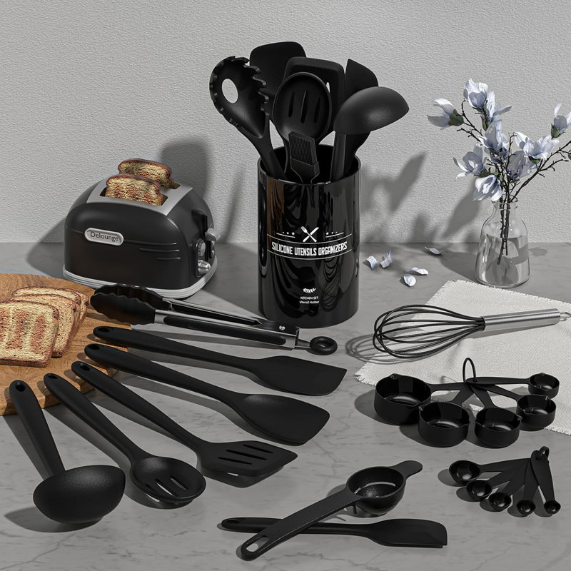 Ensemble 22 pièces d'ustensiles de cuisine en silicone, noir, noir