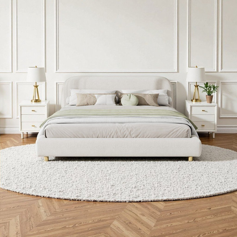 Lit tapissier élégant très grand avec tête de lit courbée - Pieds en bois massif blanc