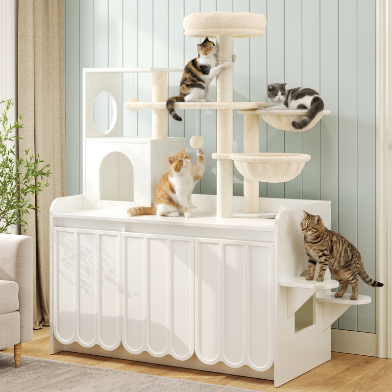 Arbre à chat 50,6 po avec bac à litière, tour pour chat avec poteau à griffes en sisal et espace de rangement, Blanc
