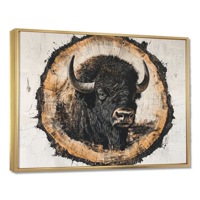 Tête de bison américain Mariluz sur bois, diapositive II - bison, art mural, H 30 po x l 40 po, Avec cadre, Doré