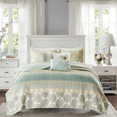 Courtepointe en coton 6 pièces, double / grand, motif floral et géométrique, décoration de chambre à coucher avec coussins réversibles, géométrique, paradisiaque