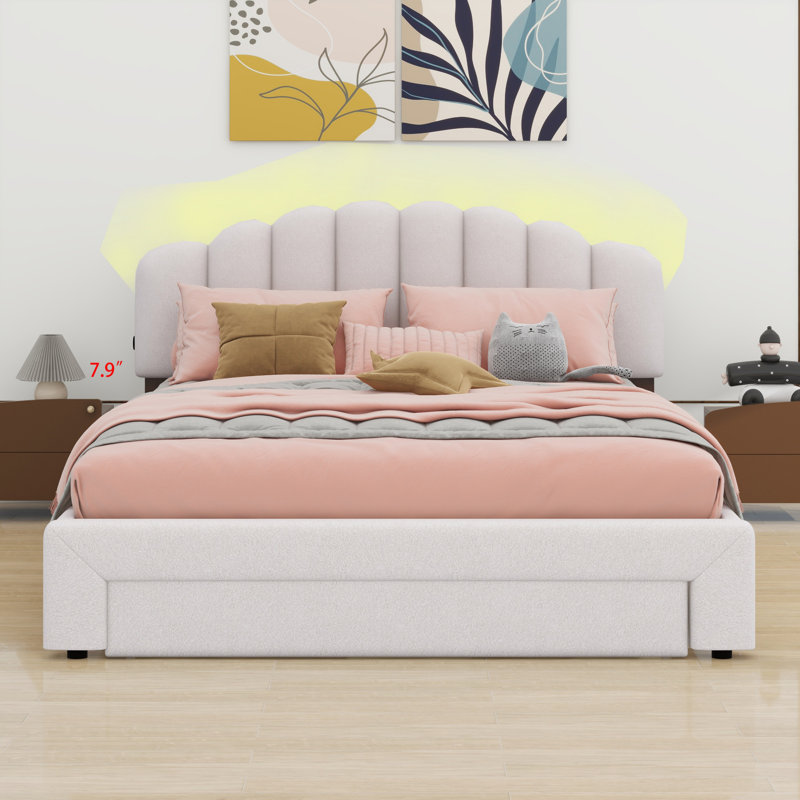 Upholstered Platform Bed With Drawer, Beige