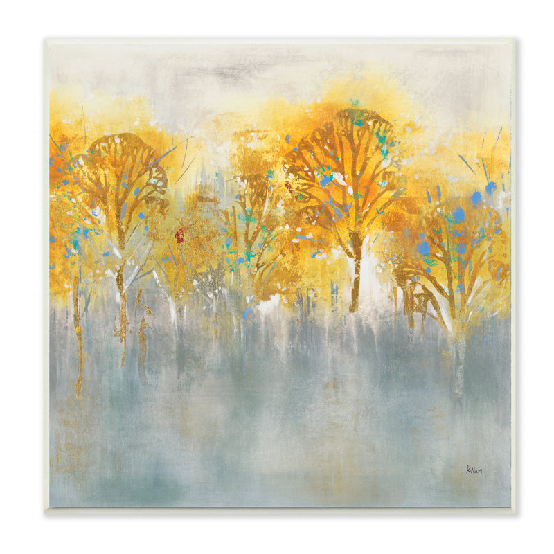 «Wooded Gray Landscape Abstraction Orange Trees» par K. Nari - Peinture, H 12 po x l 12 po x P 0,5 po, Bois