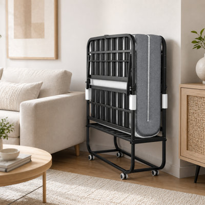 Lit simple pliant noir avec matelas et roulettes verrouillables, lit d'invité en acier avec support à 8 lattes et mousse viscoélastique imprégnée de gel, capacité de poids de 300 lb, avec housse de protection et outils