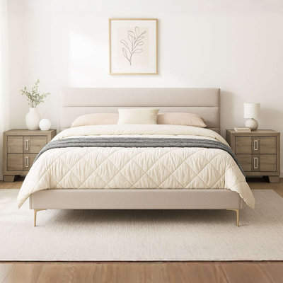 Ensemble de chambre à coucher grand lit 3 pièces avec lit tapissier Verona et 2 tables de chevet beige et brun clair Dawson