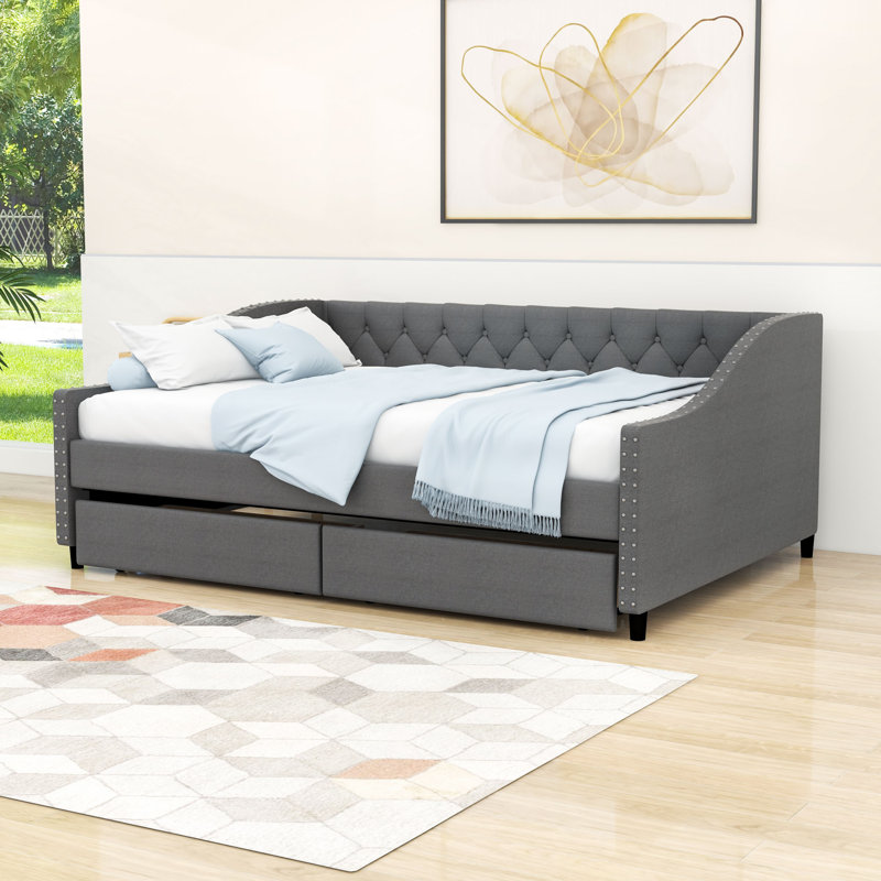 Devyon Full Size 2 Drawers Upholstered Daybed with Slats Support, Gray