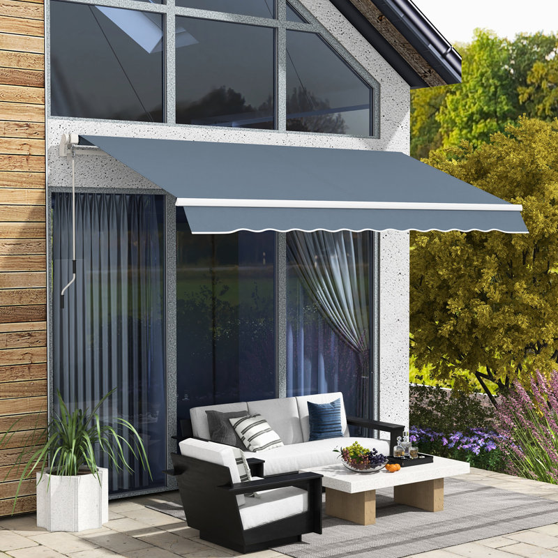 Auvent de patio rétractable 12 'x 10'. Manivelle manuelle et tissu à l'eau. Cadre en aluminium pour différentes surfaces et environnements. Gris anthracite - avec manivelle silencieuse, balcon, cour,
