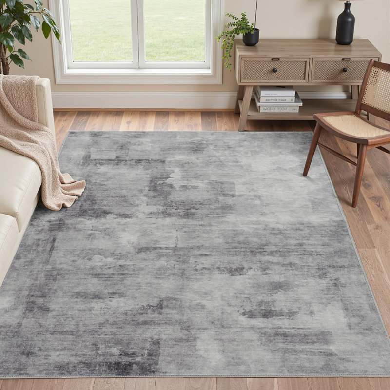Tapis abstrait lavable à la machine avec envers antidérapant Amott, Rectangulaire 4 pi x 6 pi, Gray, 0.28"