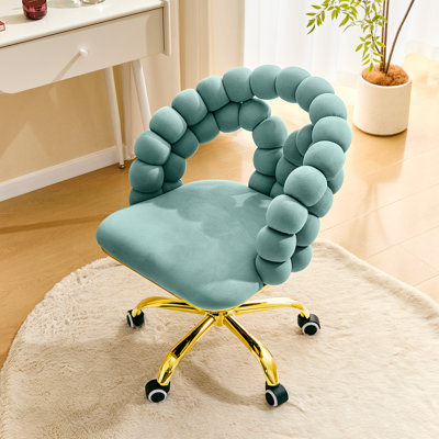 Velvet Swivel Vanity Chair With Wheels, Cute Makeup Desk Chair With Back, Adjustable Height 30.3''–33.5'' For Bedroom & Home Office