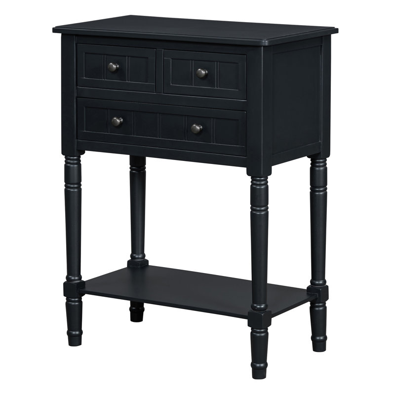 24" Black Solid Wood Console Table With Shelf And Three Drawers
