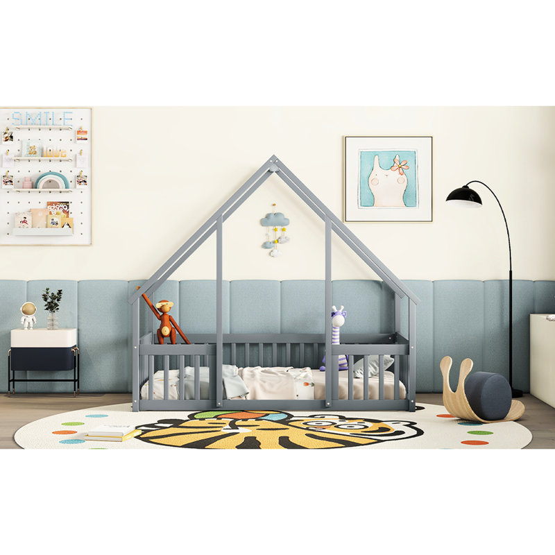 Grey Twin House-Shaped Bed With Guardrails And Fence - Crafted From Materials For A Restful Night's Sleep Wood House Structure Offer Secure Peaceful Sleeping Experience
