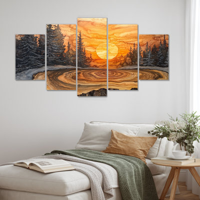 Sunrise Pine Tree On Wooden Tree Slide III - Forest Wall Art - Traditional Wall Art Decor Set 5 Piece