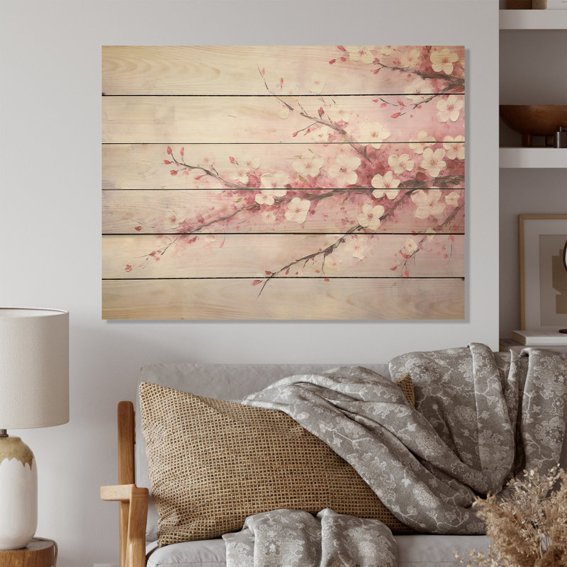 Minimalisme rose cerisier Bliss Tree I - art mural en bois de cerisier en fleurs sur bois de pin naturel, H 24 po x l 32 po