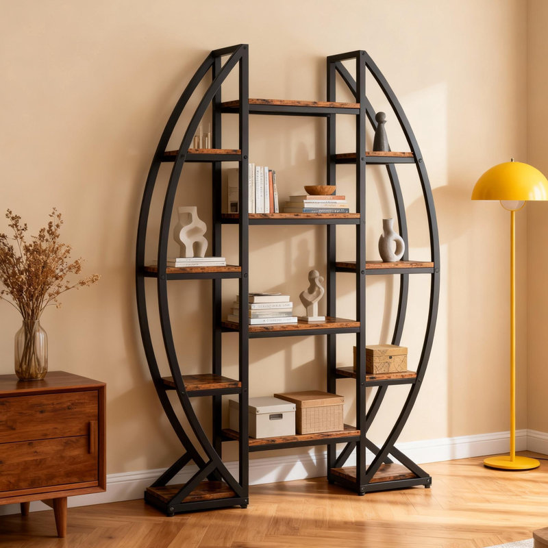 55" Industrial Bookcase with Metal Frame, Rustic Brown