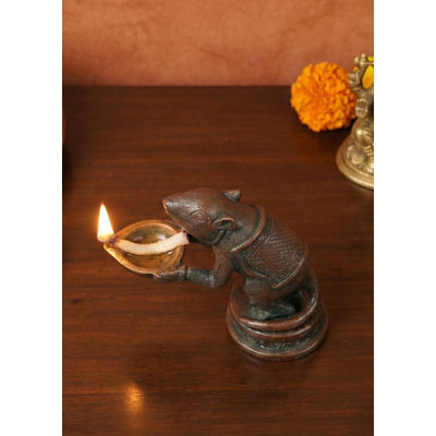 Handmade Brass Ganesha Lamp with Mouse Diya | 3-Wick Oil Lamp for Puja Room, Meditation Space & Indian Home Decor | Traditional Hindu Temple Design