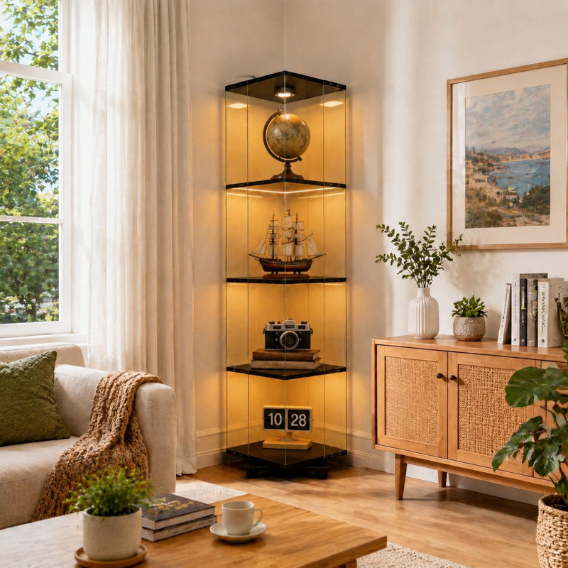 Black 4-Tier Rotating Display Cabinet / Wine & Storage Cabinet — Features Remote-Controlled Colored Lighting, Adjustable Feet, And Tempered Glass Construction — Versatile For Multiple Settings