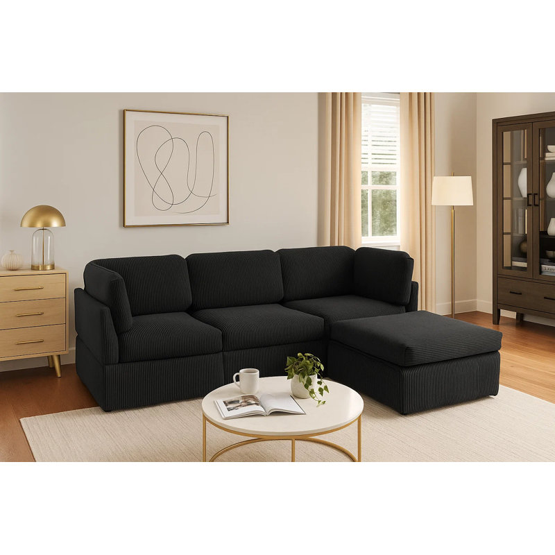 Canapé modulaire 100 po en velours côtelé de luxe 100 po - 4 pièces canapé en L surdimensionné avec repose-pieds en noir