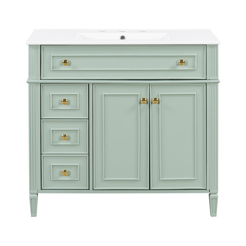 Meuble-lavabo de 36 po avec lavabo, armoire en bois massif vert avec tiroir rabattable, 3 tiroirs et 2 portes à fermeture en douceur, poignées dorées et design moderne