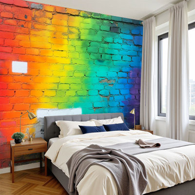Papier peint adhésif peler et coller arc-en-ciel vibrant brique abstraite couleurs dégradées H 100 po x l 144 po, papier peint amovible en PVC, peinture murale auto-adhésive, décoration pour le salon de la chambre à coucher