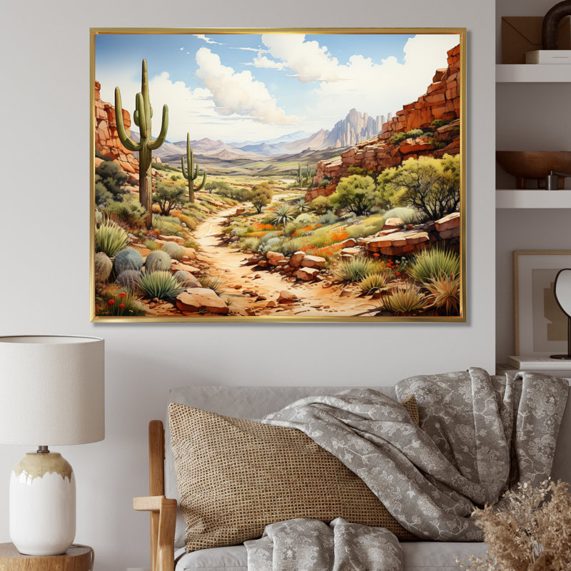 «Mexico Cactus Oasis Impasto II», art mural sur toile, H 12 po x l 20 po, Cadre flottant doré