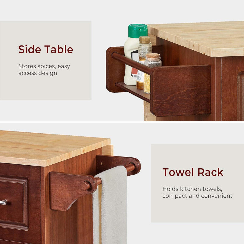 54" Rolling Kitchen Island Cart with Storage - Folding Drop-Leaf Breakfast Bar, 3 Drawers, Spice & Towel Racks - Wooden Cabinet Cart with Shelves