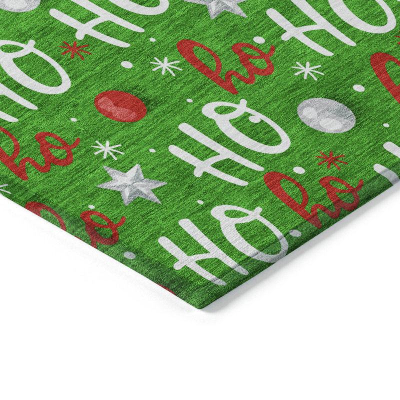 Tapis vert flocon de neige intérieur / extérieur lavable à la machine Ho Ho Ho Xhevrie, Rectangulaire 3 pi x 5 pi