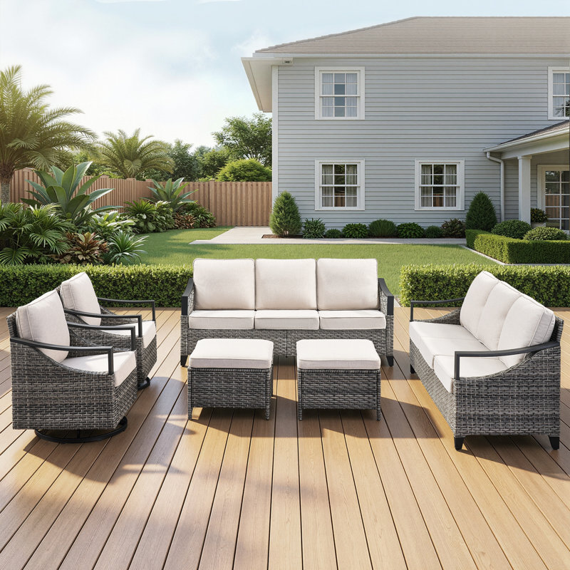 Ensemble de conversation avec accoudoirs en fer 6 pièces avec repose-pieds et chaises pivotantes pour l'extérieur, Beige