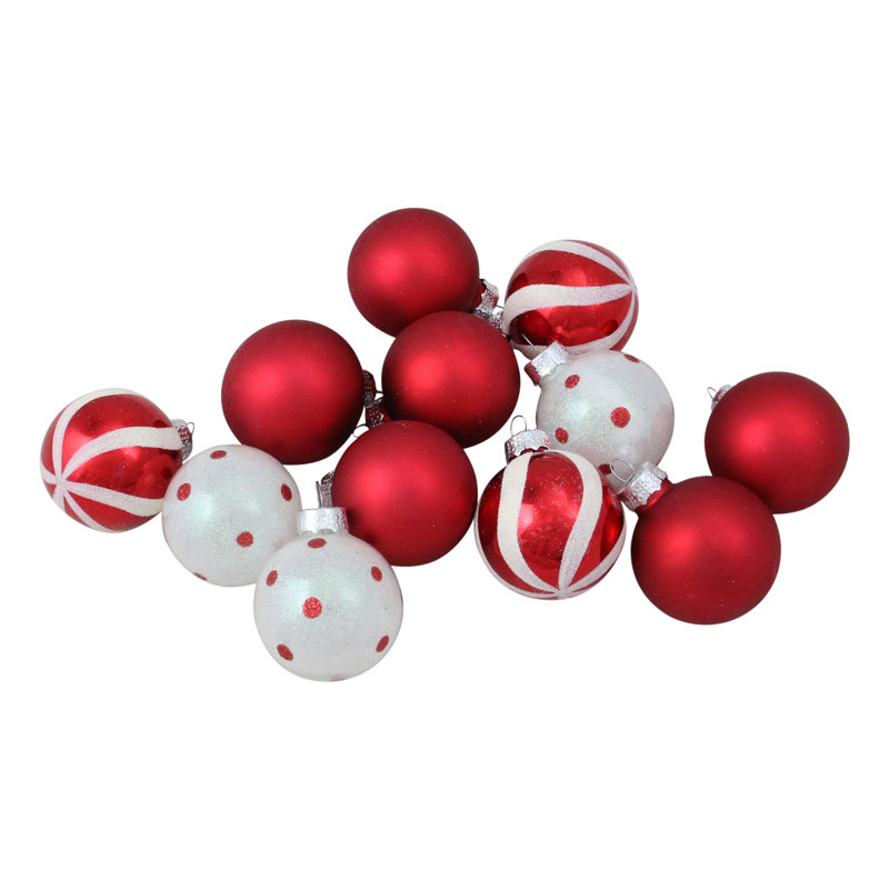 Red and White Glass Christmas Ball Ornament Set with Glitter, 1.75" (Set of 12)