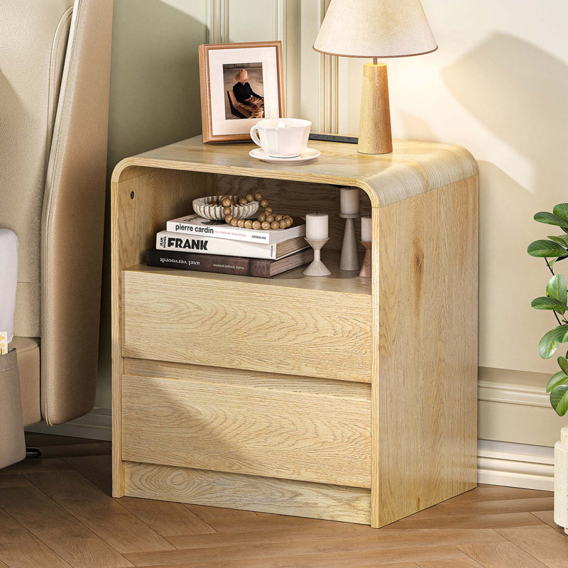 Table de chevet moderne avec station de chargement USB et deux tiroirs, Antique Natural