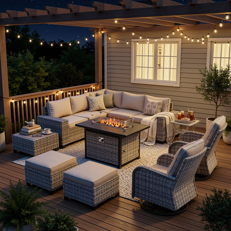 12-Piece Outdoor Modular Sectional Patio Conversation Set With Fire Pit Table, Swivel Rocker Chairs & Ottomans, Taupe