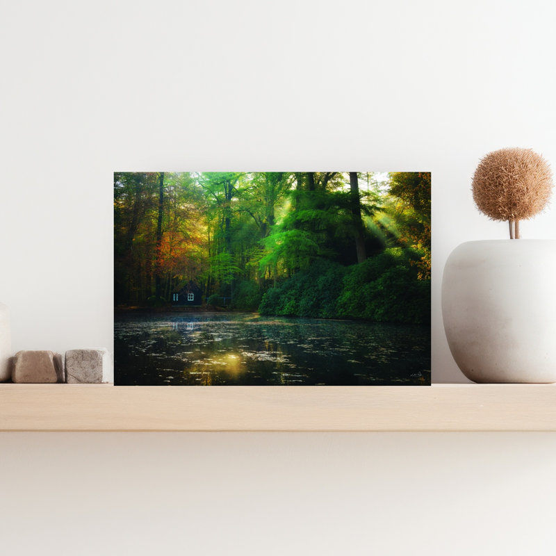 Cozy Lake Cottage, art contemporain abstrait forêt d'automne, H 12 po x l 18 po