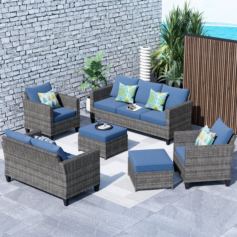 Premium All-Weather Wicker 7 - Person Patio Conversation Set with Cushions, Denim Blue