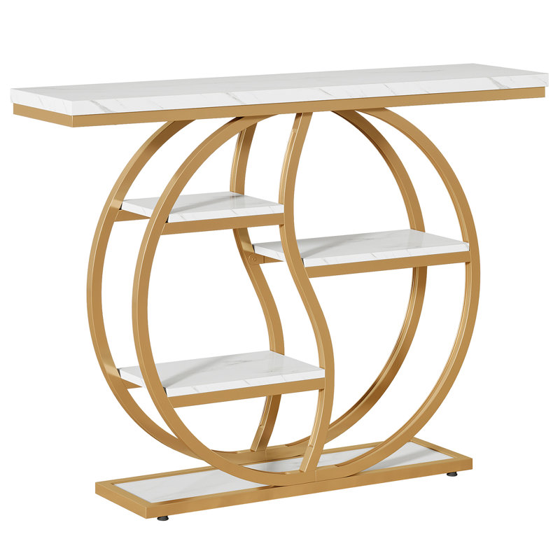 47.24" Entryway Table, Industrial 5-tier Console Sofa Table With Multiple Storage Shelves, White/Gold