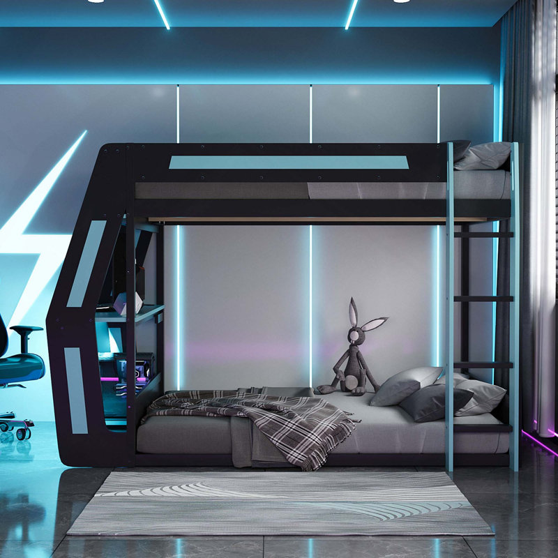 Lit superposé robuste à jeu complet avec bureau RVB surdimensionné fixé sur le côté, ports de charge USB et œillet à câble, bande lumineuse à DEL