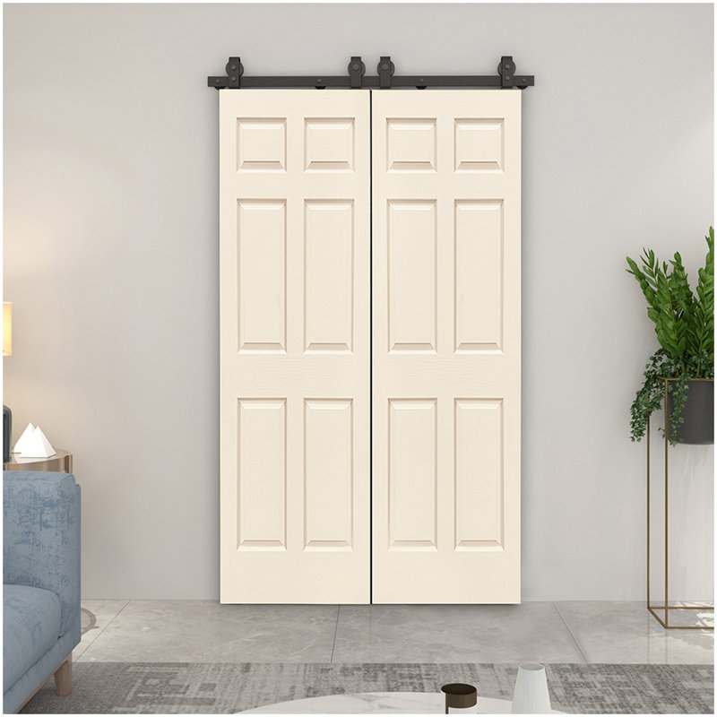 60-in x 84-in Beige MDF Double Bifold Barn Door with Black Hardware